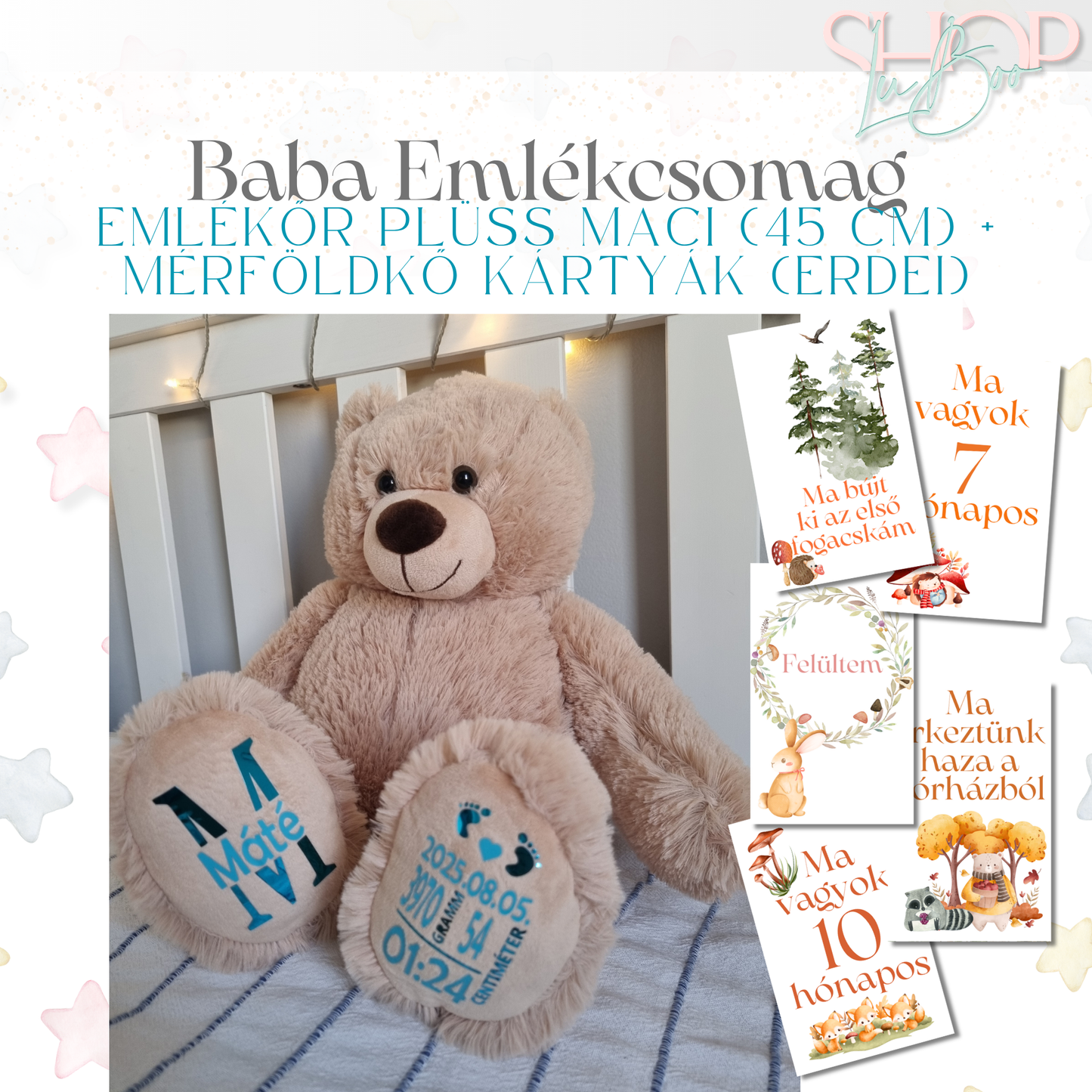 Baba Emlékcsomag – Emlékőr plüss maci (45 cm) + Mérföldkő kártyák (Erdei)