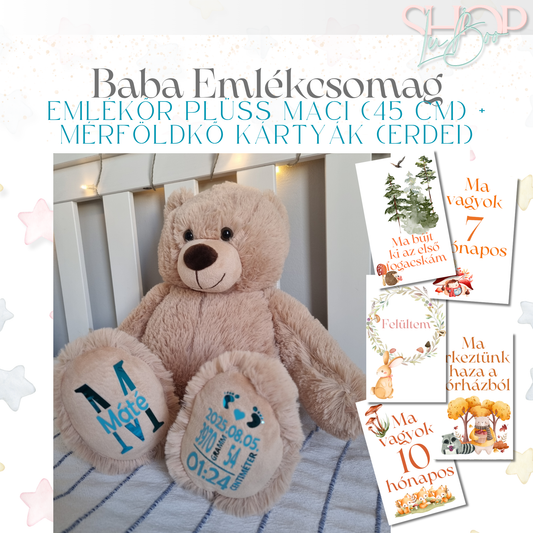 Baba Emlékcsomag – Emlékőr plüss maci (45 cm) + Mérföldkő kártyák (Erdei)
