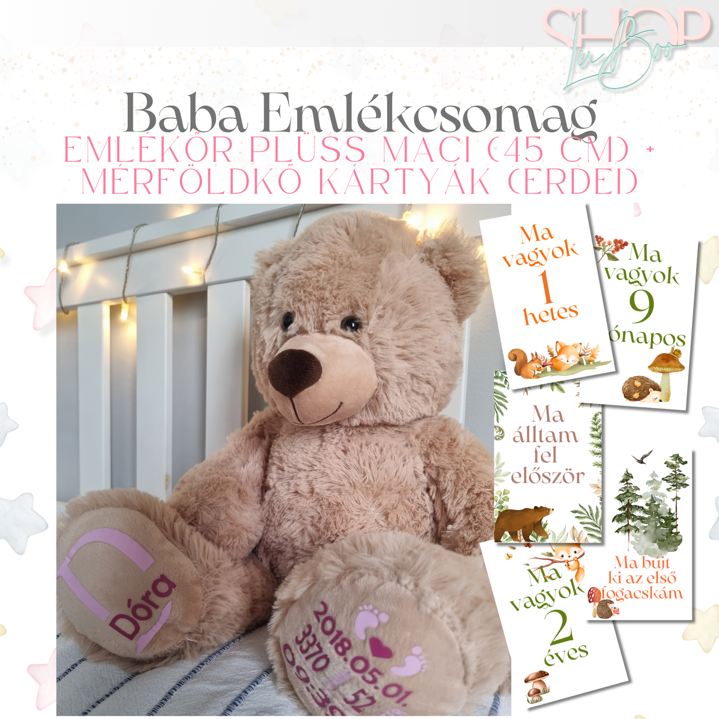 Baba Emlékcsomag – Emlékőr plüss maci (45 cm) + Mérföldkő kártyák (Erdei)