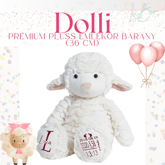 Dolli prémium emlékőr plüss bárány lányos (36 cm) – névre szóló babaajándék – ShopLuBoo
