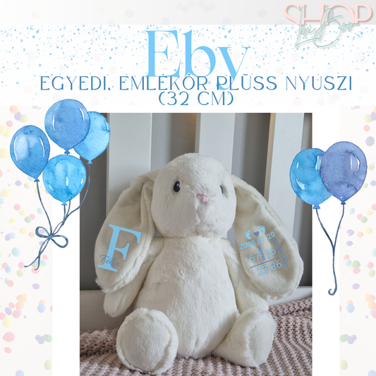 Eby – Névre szóló emlékőr plüss nyuszi fiús (32 cm) – egyedi babaajándék – ShopLuBoo