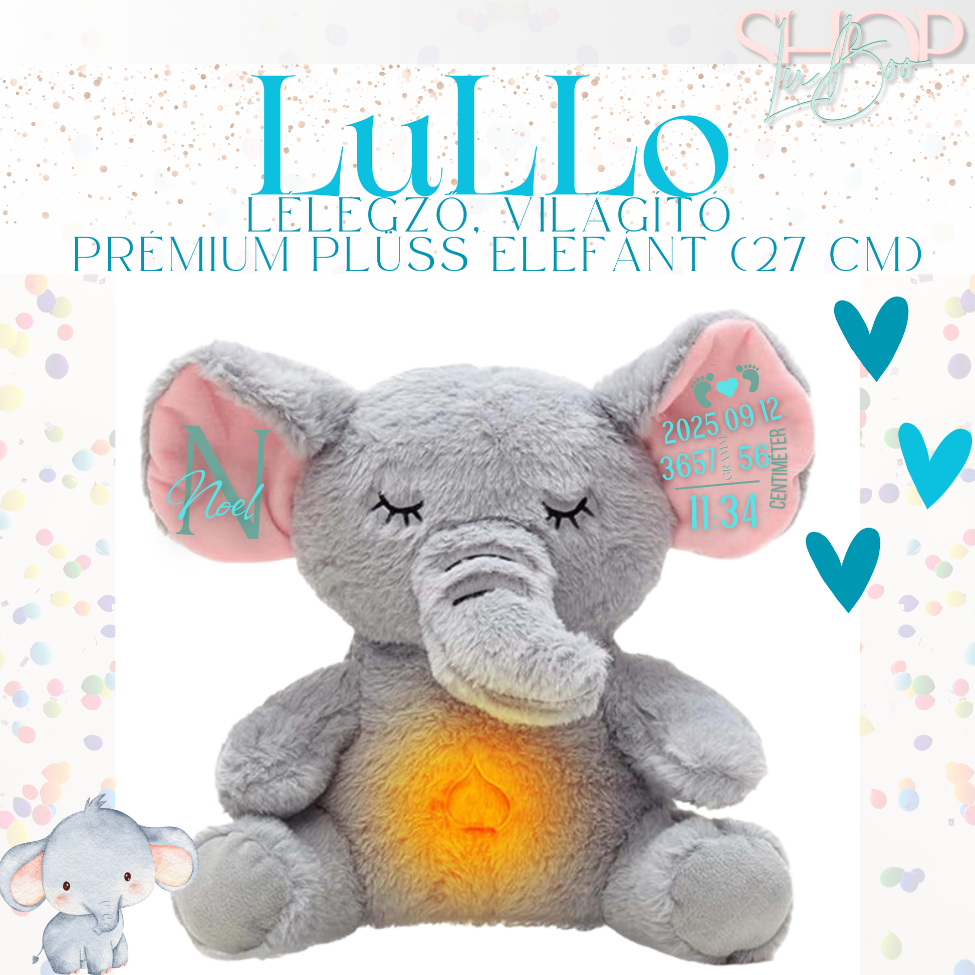 LuLLo – Lélegző világító emlékőr plüss elefánt fiús (27 cm) – babaajándék – ShopLuBoo
