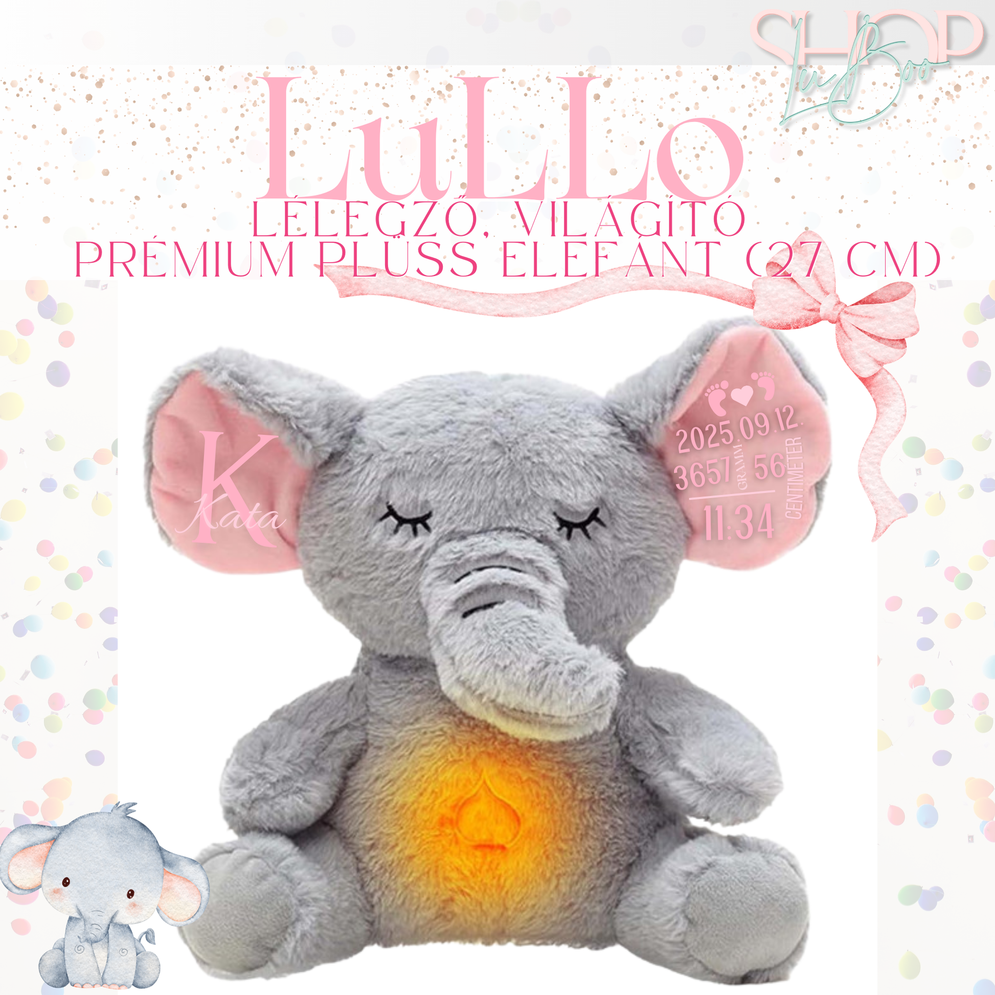 LuLLo – Lélegző világító emlékőr plüss elefánt lányos (27 cm) – babaajándék – ShopLuBoo