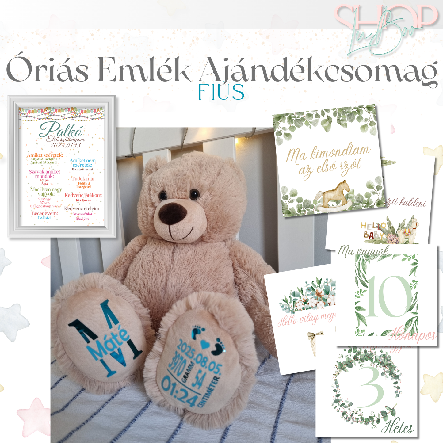 Óriás Emlék Ajándékcsomag – BIGBubu plüss emlékőr maci (80 cm) + Mérföldkő kártyák (Leveles) + Szülinapi Emlék Plakát