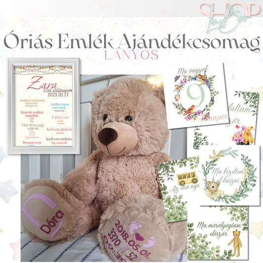 Óriás Emlék Ajándékcsomag – BIGBubu plüss emlékőr maci (80 cm) + Mérföldkő kártyák (Leveles) + Szülinapi Emlék Plakát