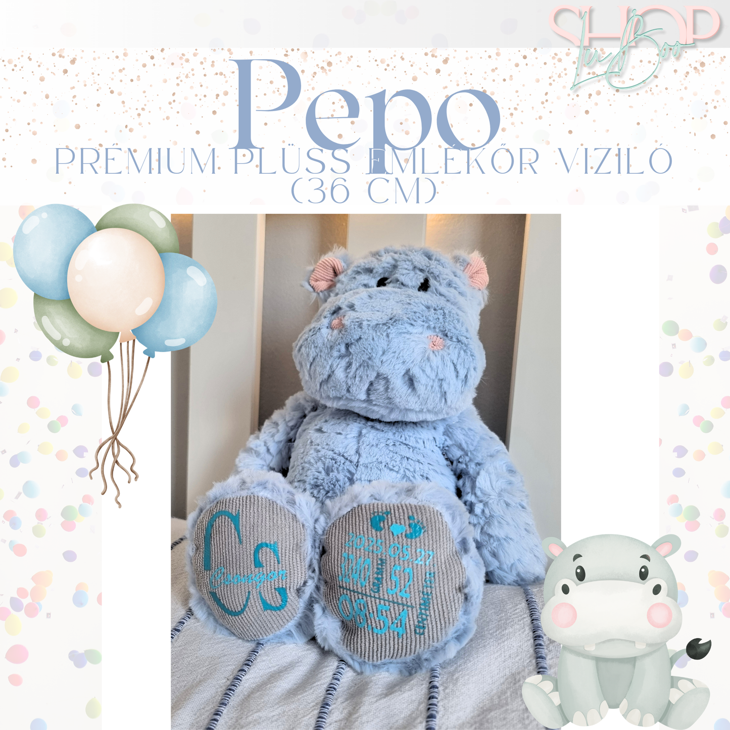 PePo – Névre szóló prémium emlékőr plüss víziló fiús (36 cm) – ShopLuBoo