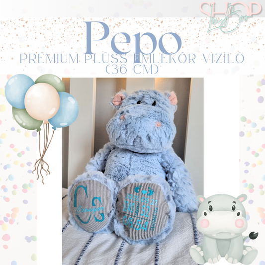 PePo – Névre szóló prémium emlékőr plüss víziló fiús (36 cm) – ShopLuBoo