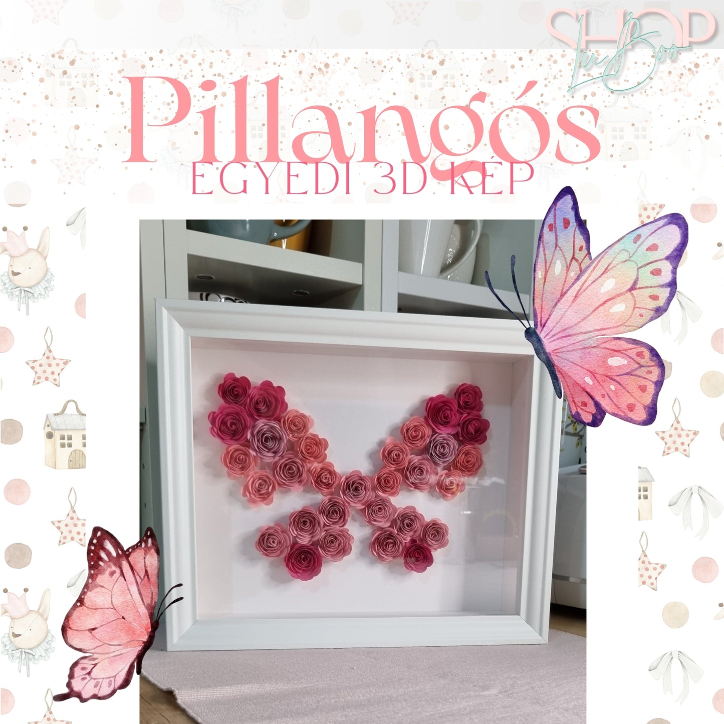 Kézzel készült papírvirág-pillangó dekoráció – természet ihlette, egyedi kézműves ajándék