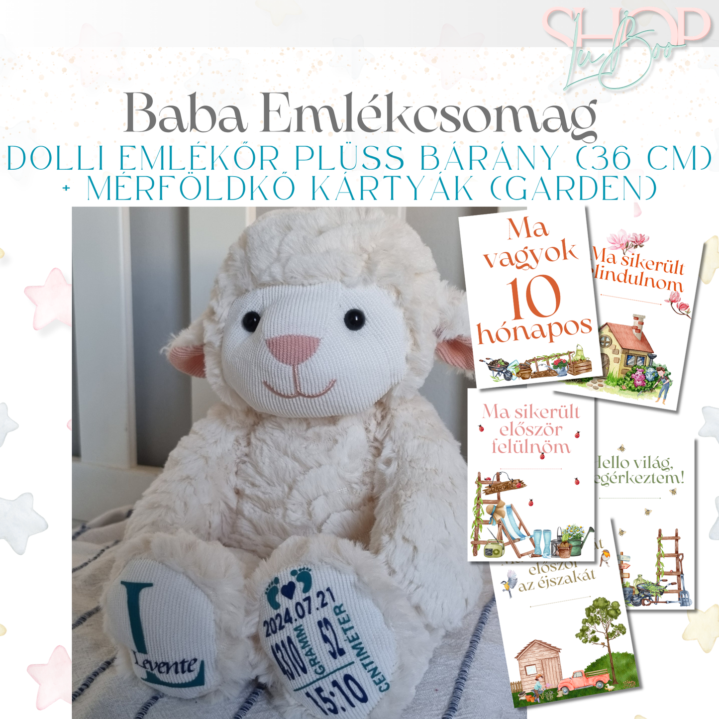 Prémium Baba Ajándékcsomag – Dolli emlékőr plüss bárány (36 cm) + Mérföldkő kártyák (Garden)