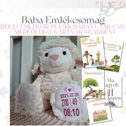 Prémium Baba Ajándékcsomag – Dolli emlékőr plüss bárány (36 cm) + Mérföldkő kártyák (Garden)