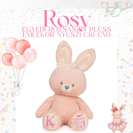 Rosy – Névre szóló egyedi rózsaszín emlékőr plüss nyuszi (30 cm) – babaajándék – ShopLuBoo